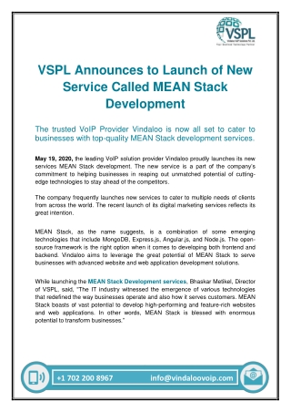 VSPL Announces to Launch of New Service Called MEAN Stack Development