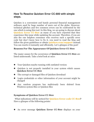 How To Resolve Quicken Error CC-800 with simple steps.