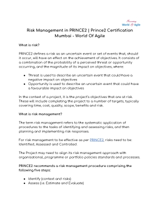 Risk Management in PRINCE2 | Prince2 Certification Mumbai - World Of Agile