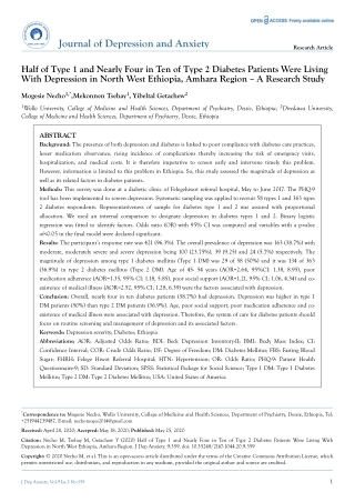 Half of Type 1 and Nearly Four in Ten of Type 2 Diabetes Patients Were Living With Depression in North West Ethiopia, Am