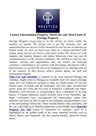 Luxury International Property, Hotels for sale, Real Estate & Prestige Property