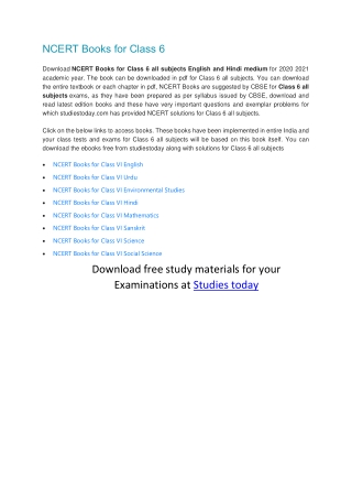 NCERT Books for Class 6 free pdf download