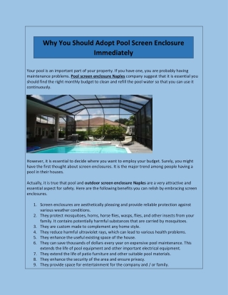 Why You Should Adopt Pool Screen Enclosure Immediately