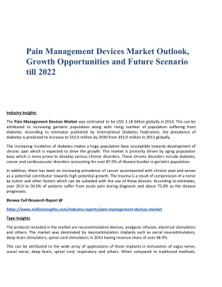Pain Management Devices Market Outlook, Growth Opportunities and Future Scenario till 2022