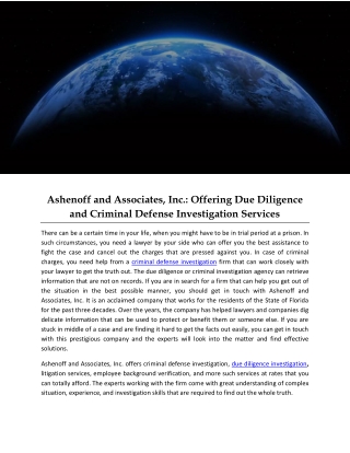 Ashenoff and Associates, Inc.: Offering Due Diligence and Criminal Defense Investigation Services
