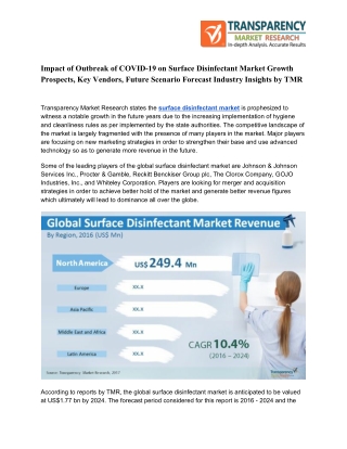 Worldwide Surface Disinfectant Market Is Slated To Grow Rapidly In The Coming Years