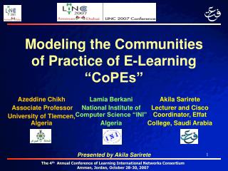 Modeling the Communities of Practice of E-Learning “CoPEs”