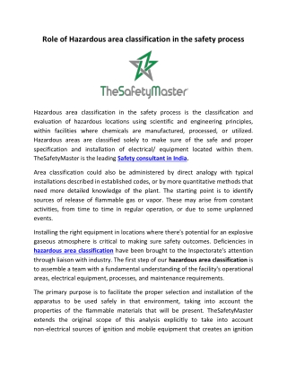 Role of Hazardous area classification in the safety process