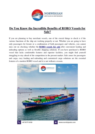 Do You Know the Incredible Benefits of RORO Vessels for Sale