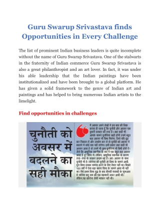 Guru Swarup Srivastava finds Opportunities in Every Challenge