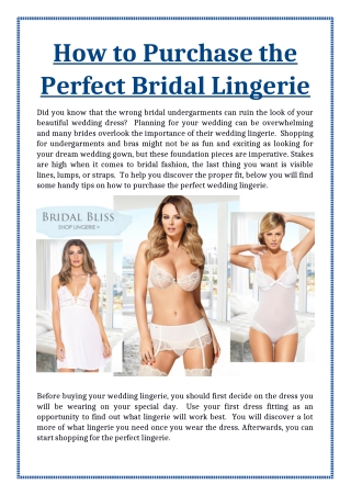 How to Purchase the Perfect Bridal Lingerie