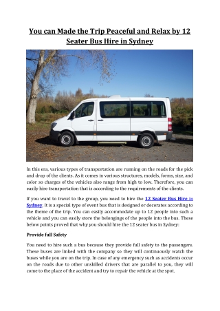 You can Made the Trip Peaceful and Relax by 12 Seater Bus Hire in Sydney