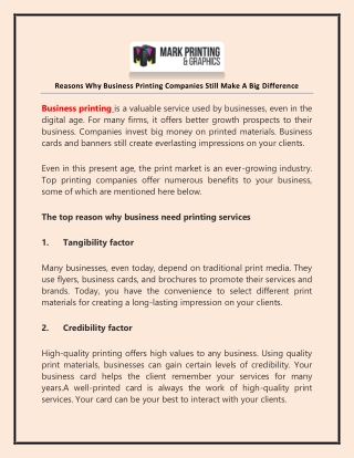 Reasons Why Business Printing Companies Still Make A Big Difference