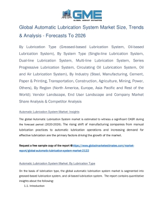 Global Automatic Lubrication System Market Size, Trends & Analysis - Forecasts to 2026