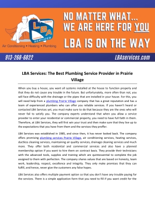 LBA Services: The Best Plumbing Service Provider in Prairie Village