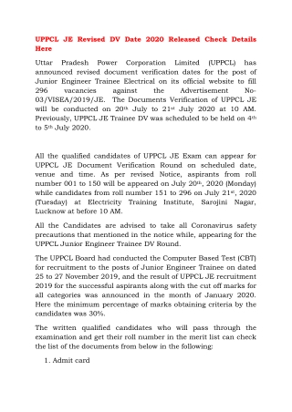 UPPCL JE Revised DV Date 2020 Released Check Details Here