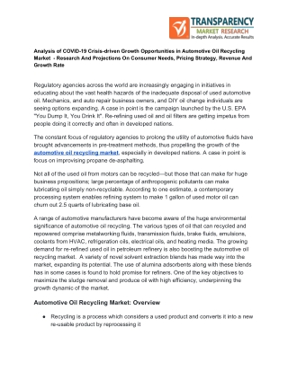Industrial Heating Fuel Segment to Dominate Global Automotive Oil Recycling Market