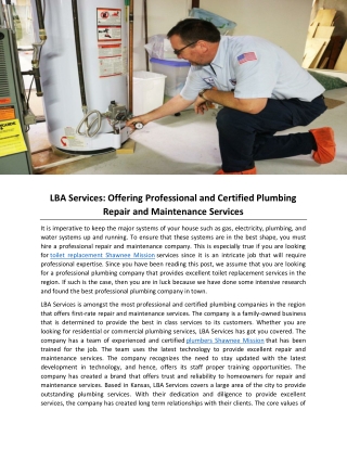 LBA Services: Offering Professional and Certified Plumbing Repair and Maintenance Services