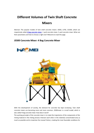 Different Volumes of Twin Shaft Concrete Mixers