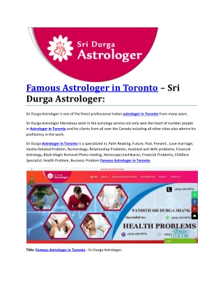 Famous Astrologer in Toronto – Sri Durga Astrologer: