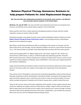 Balance Physical Therapy Announces Seminars to help prepare Patients for Joint Replacement Surgery