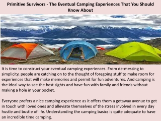 Primitive Survivors - The Eventual Camping Experiences That You Should Know About