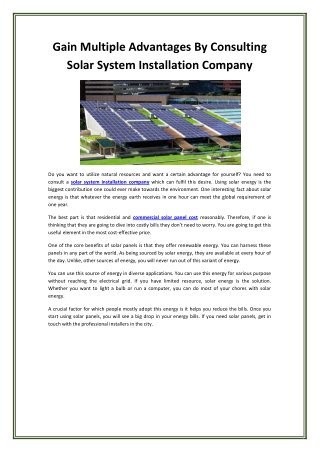 Gain Multiple Advantages By Consulting Solar System Installation Company