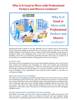 Why Is It Good to Move with Professional Packers and Movers Lucknow?