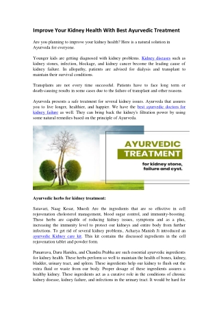 Improve Your Kidney Health With Best Ayurvedic Treatment