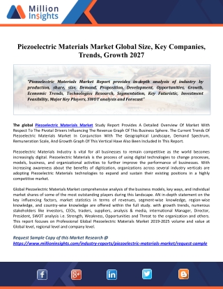 Piezoelectric Materials Market 2020 Share, Trend, Global Industry Size, Regional Outlook to 2027