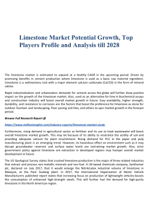 Limestone Market Potential Growth, Top Players Profile and Analysis till 2028