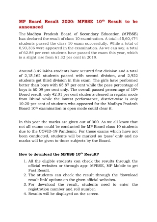 MP Board Result 2020: MPBSE 10th Result to be announced