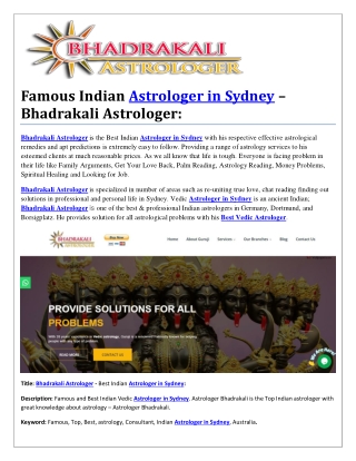 Famous Indian Astrologer in Sydney – Bhadrakali Astrologer: