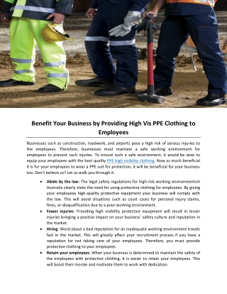 Benefit Your Business by Providing High Vis PPE Clothing to Employees