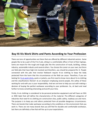 Buy Hi-Vis Work Shirts and Pants According to Your Profession