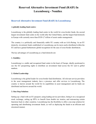 Reserved Alternative Investment Fund (RAIF) In Luxembourg - Nomilux