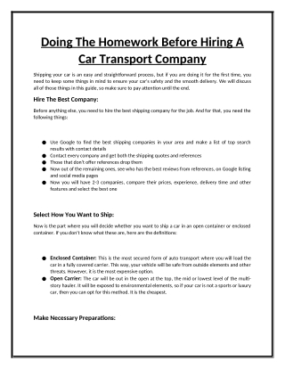 Doing The Homework Before Hiring A Car Transport Company