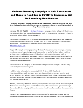 Kindness Monterey Campaign to Help Restaurants and Those In Need Due to COVID-19 Emergency