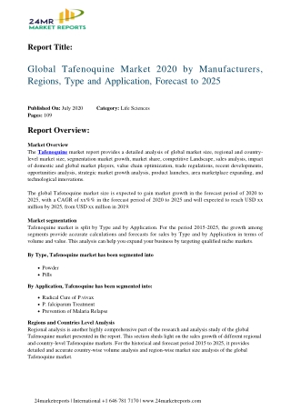 Tafenoquine Market 2020 by Manufacturers, Regions, Type and Application, Forecast to 2025