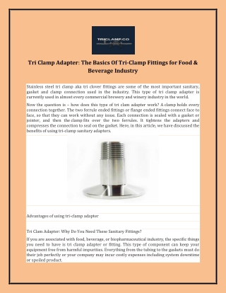 Tri Clamp Adapter: The Basics Of Tri-Clamp Fittings for Food & Beverage Industry