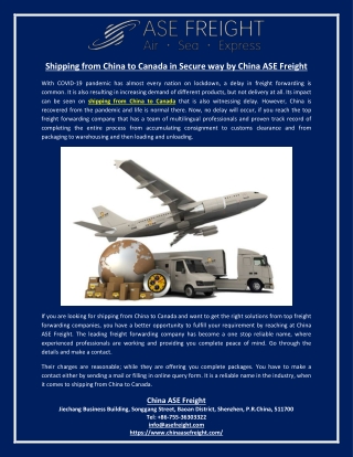 Shipping from China to Canada in Secure way by China ASE Freight