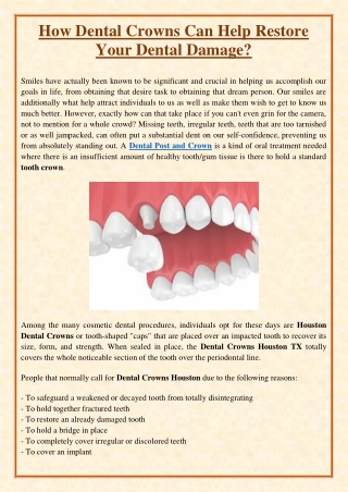 How Dental Crowns Can Help Restore Your Dental Damage?