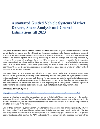 Automated Guided Vehicle Systems Market Drivers, Share Analysis and Growth Estimations till 2023