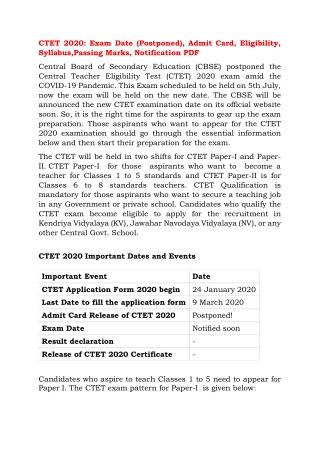 CTET 2020: Exam Date (Postponed), Admit Card, Eligibility, Syllabus,Passing Marks, Notification PDF