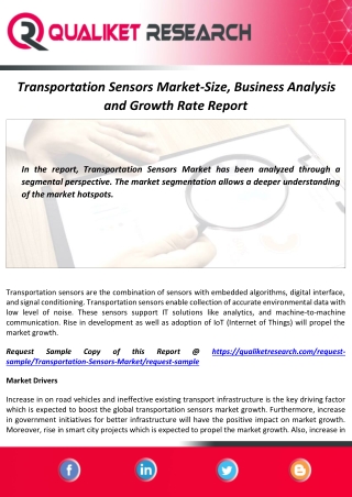 Transportation Sensors Market Outlook 2020 : Competitive Strategies and Forecast Till 2027