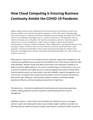 How Cloud Computing is Ensuring Business Continuity Amidst the COVID-19 Pandemic