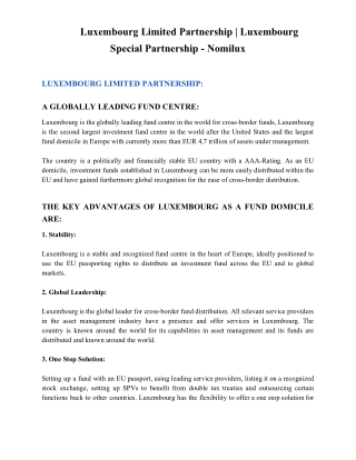 Luxembourg Limited Partnership | Luxembourg Special Partnership - Nomilux