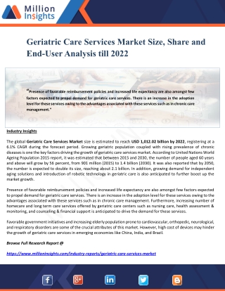 Geriatric care services market size, share and end user analysis till 2022