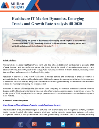 Healthcare it market dynamics, emerging trends and growth rate analysis till 2020