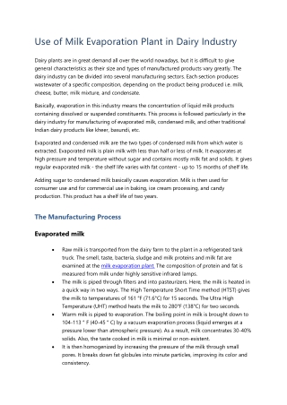 Use of Milk Evaporation Plant in Dairy Industry